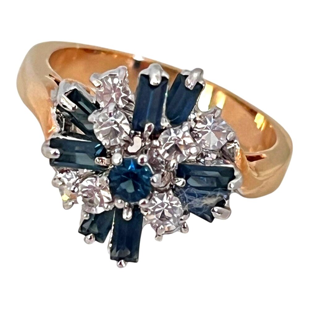 Vintage 1970s Crystal Starburst Ring Size 7 Blue Rhinestones 14K Gold Plate - 6A